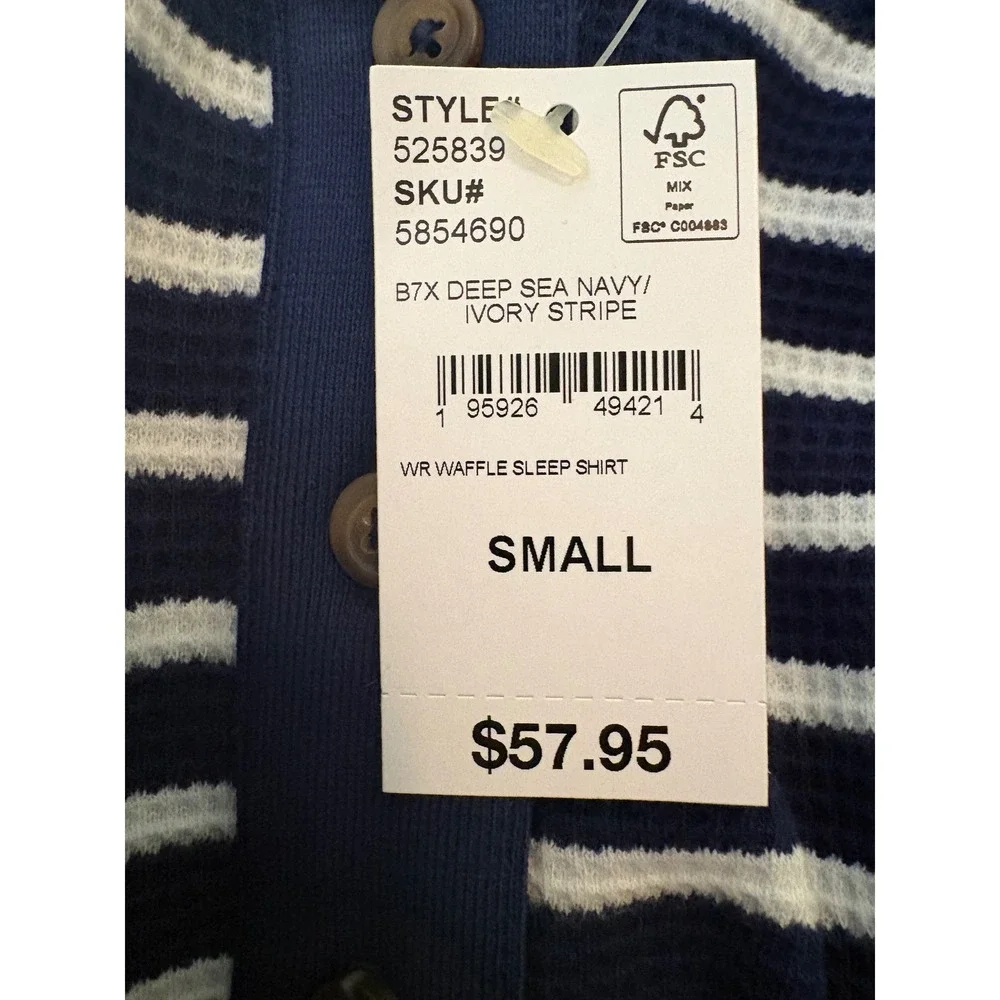 Lands End Womens Waffle Sleep Shirt Navy Ivory‎ Stripe Henley Small NWT